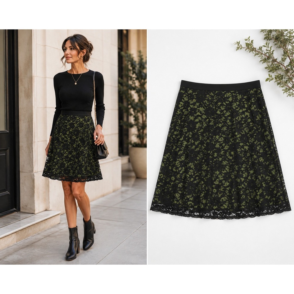John Paul Richard Skirt Black Green Lace Velvet Trim Floral Dark Coquette Sz 16